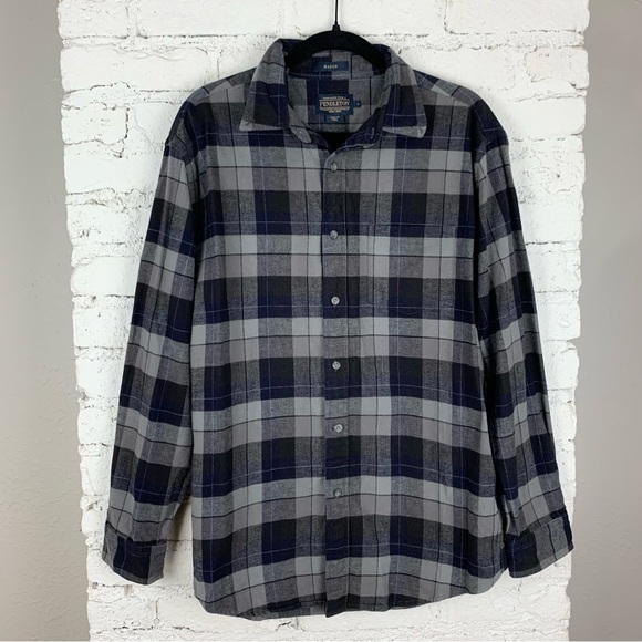 Pendleton Mason Grey Blue Plaid Cotton Flannel Button Down Long Sleeve Large - Picture 1 of 7